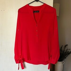 Red V-Neck Tie Blouse- Size Medium